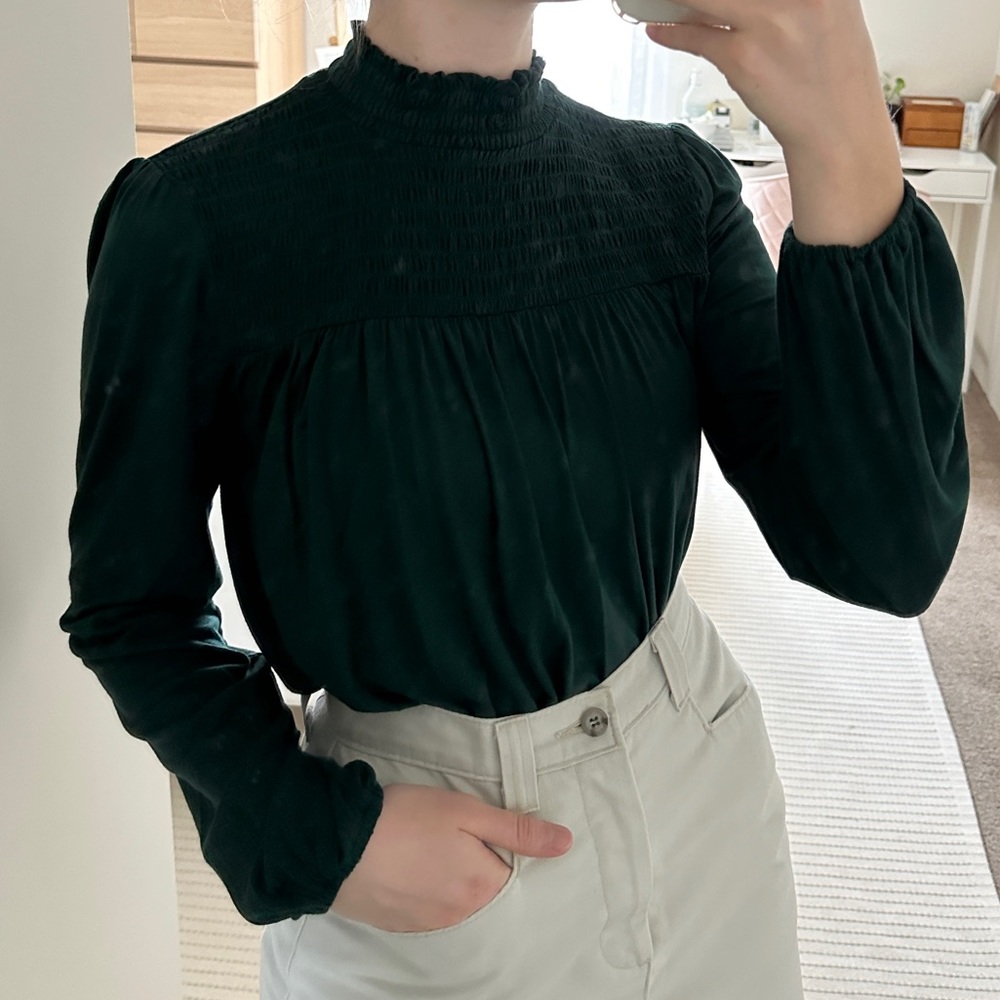 smocked green long sleeve blouse
